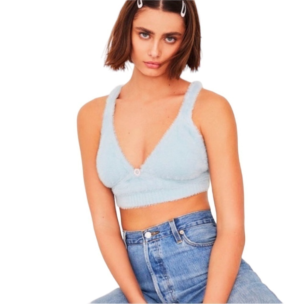 For Love & Lemons Devon Fuzzy Cropped Tank Top NWT Size M Light Blue
